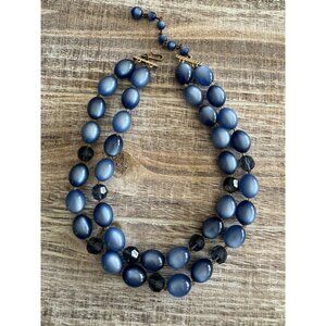Vintage Double-Strand Blue Beaded Necklace With Adjustable Clasp 6 Inches